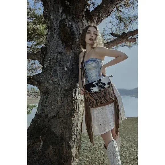 Myra Bag Handmade Stone Shoulder Bag Upcycled Canvas & Cowhide Leather - Picture 2 of 15